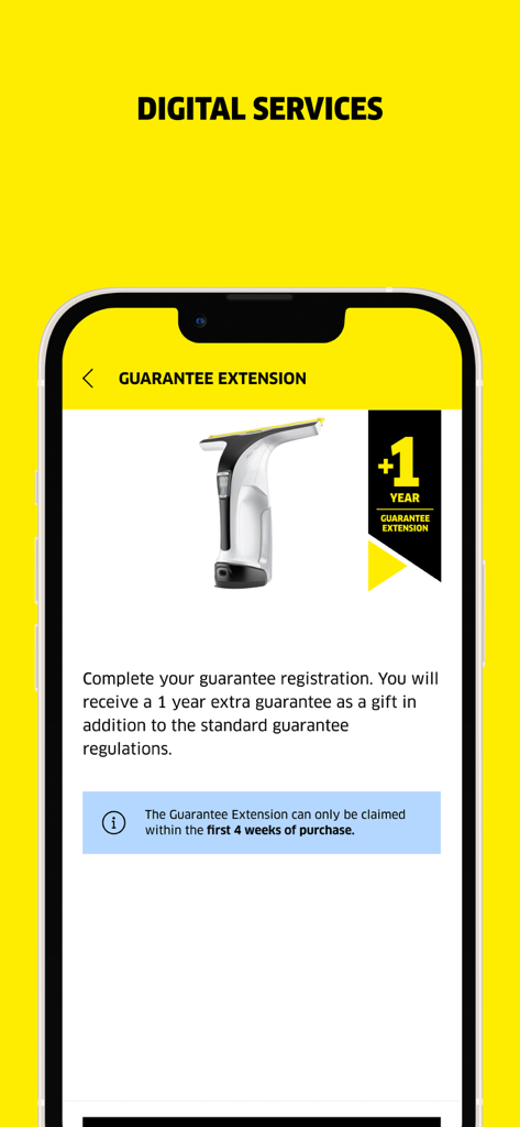 Capture d'écran de l'application Kärcher Home and Garden montrant une page de service numérique pour une extension de garantie d'un an sur les produits.