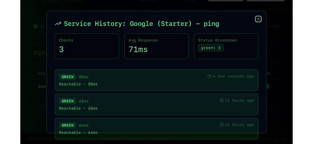 Tela de histórico de serviços do Big Brother Network Monitor exibindo tempos de resposta de ping do host e status de alcançabilidade