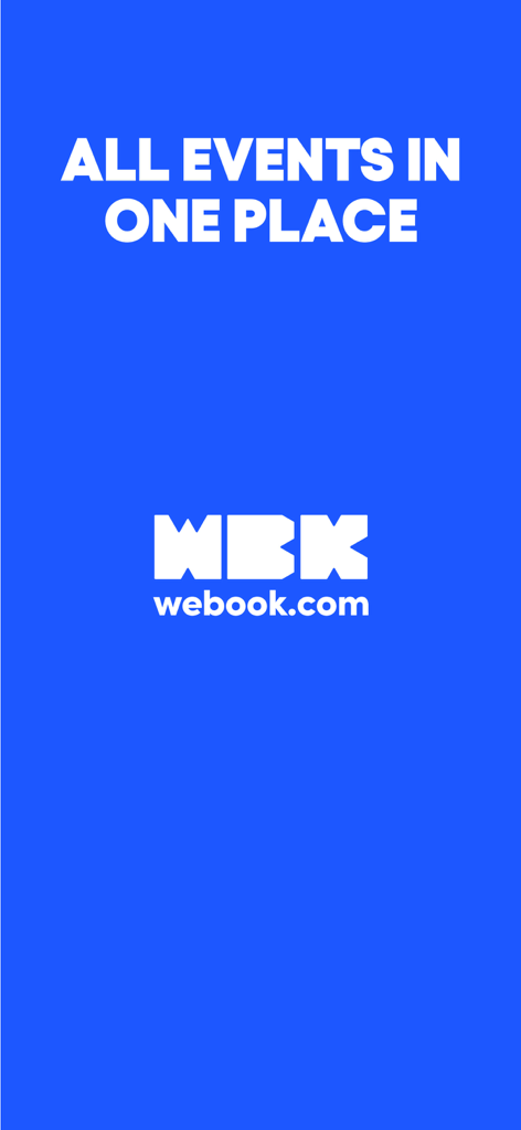 webook.com – fun things to do - webook.com app welcome screen featuring the slogan All Events In One Place on a blue background