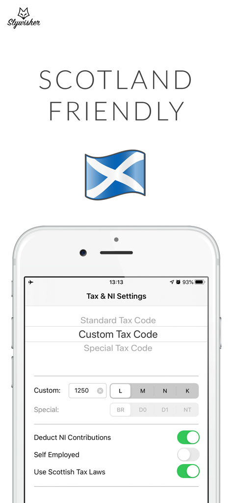 A smartphone screen displaying the UK Salary Calculator app with the Scottish tax laws option enabled for precise salary calculation