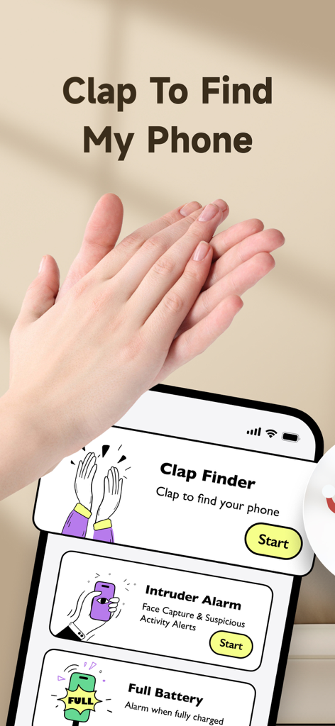 Clap Finder: Find My Device - Un par de manos aplaudiendo sobre la pantalla de un teléfono móvil que muestra las funciones de la aplicación Clap Finder, como la alarma para intrusos y las alertas de batería llena.