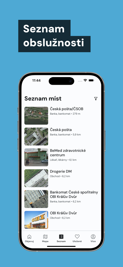 VozejkMap - List of nearby accessible locations in the VozejkMap app showing distances and categories.