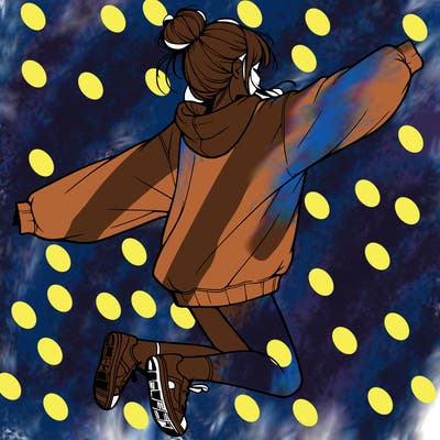 realistic girl jumping with a bun and oversized sweatshirt