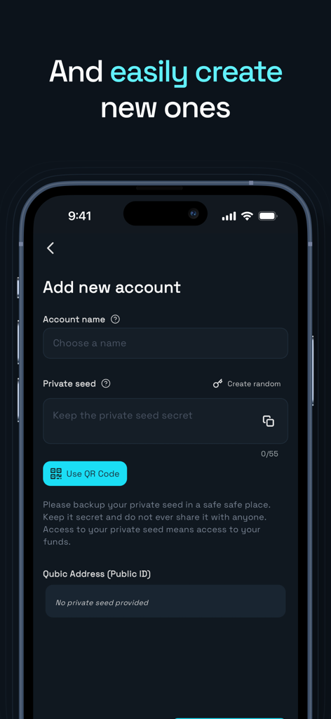 Interface of the Qubic Wallet app showing the Add New Account screen with options to enter a name, private seed, or use a QR code.