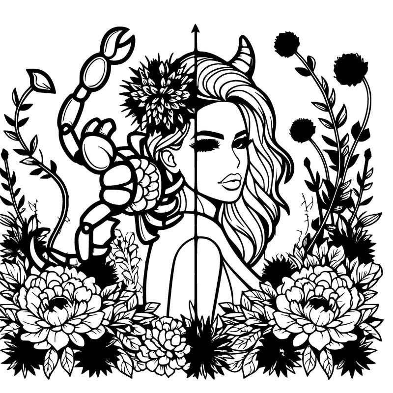 realistic, woman, scorpio, devil, flowers