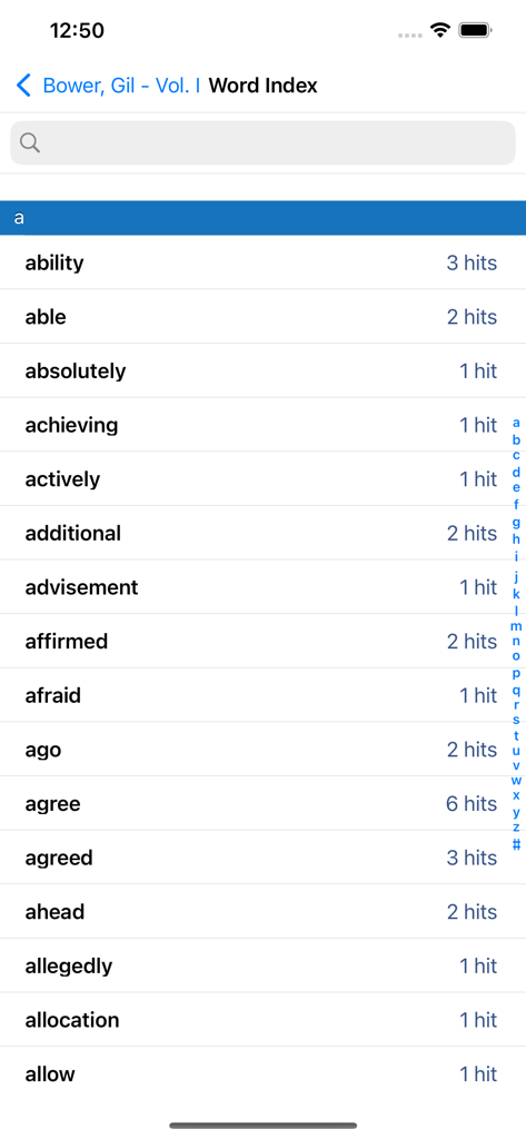 Case Notebook E-Transcript - Pantalla del índice de palabras que muestra una lista alfabética de términos y recuentos de coincidencias en una transcripción legal.