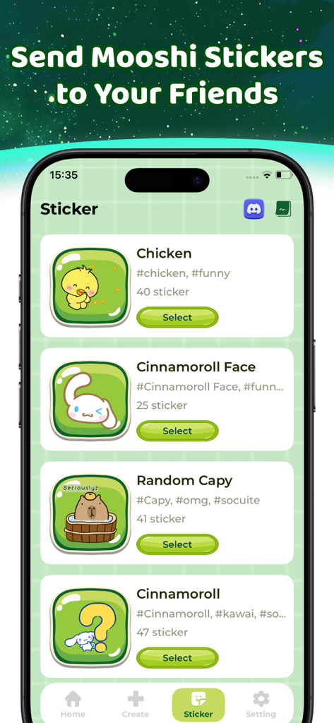 Mooshi - Ah Shimeji - A screen in the Mooshi app showing various cute character sticker packs like Chicken, Cinnamoroll, and Random Capy for users to send to friends.