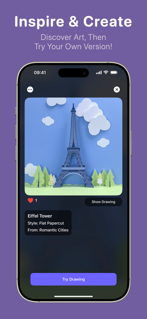 Kala: AI Art Coloring Book - A screenshot of the Kala AI Art app showing the Inspire and Create screen with an Eiffel Tower artwork in a flat papercut style.