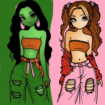 2 girls in crop tops and baggy jeans ripped