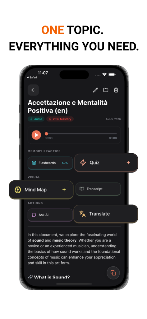 Interfaz móvil de TikoNote que presenta tarjetas de memoria, cuestionarios y mapas mentales con IA para temas de estudio