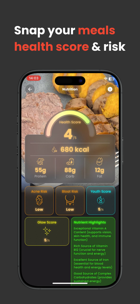 UGlow app interface showing meal health score calories and nutrient breakdown