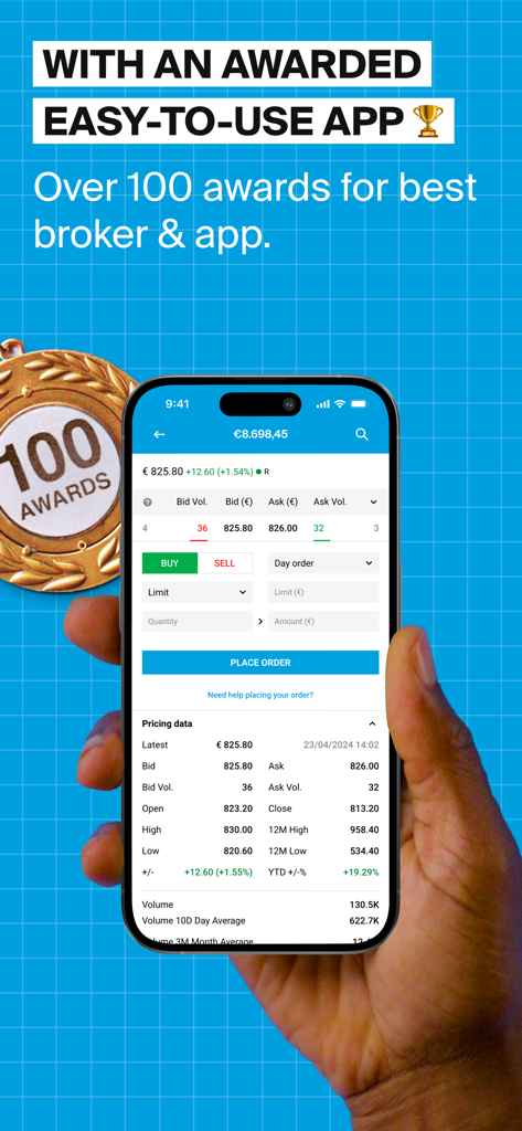 A hand holding a smartphone displaying the DEGIRO trading interface with stock pricing data and a place order button