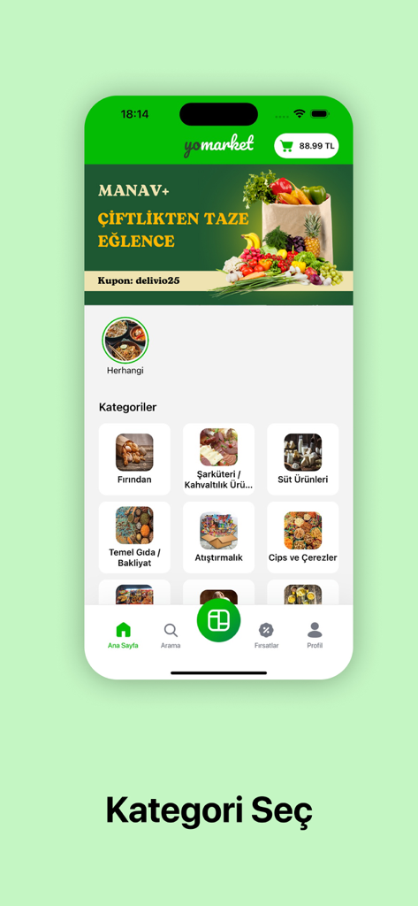 YOUR ORDER - Interface do aplicativo móvel Your Order mostrando uma variedade de categorias de mercearia, como padaria, laticínios e lanches para seleção