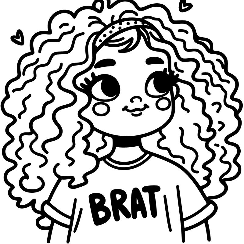 girl with curly hair and the word brat on her t-shirt