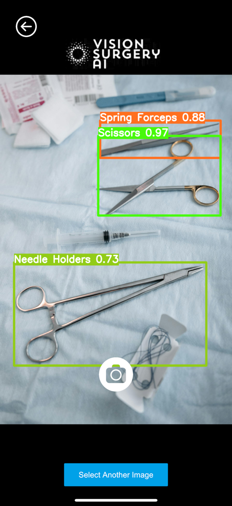 The VSAI Detection app screen identifying surgical instruments like scissors and forceps on a blue sterile drape