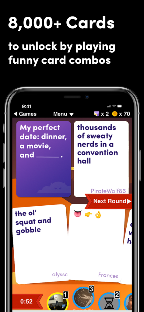 Evil Apples mobile game screen showing funny card combinations and the prompt My perfect date dinner a movie and more.