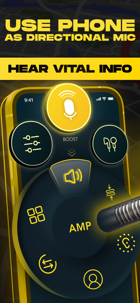 Ear Spy Apps - Super Hearing - Ear Spy app interface displaying directional microphone and audio amplification features