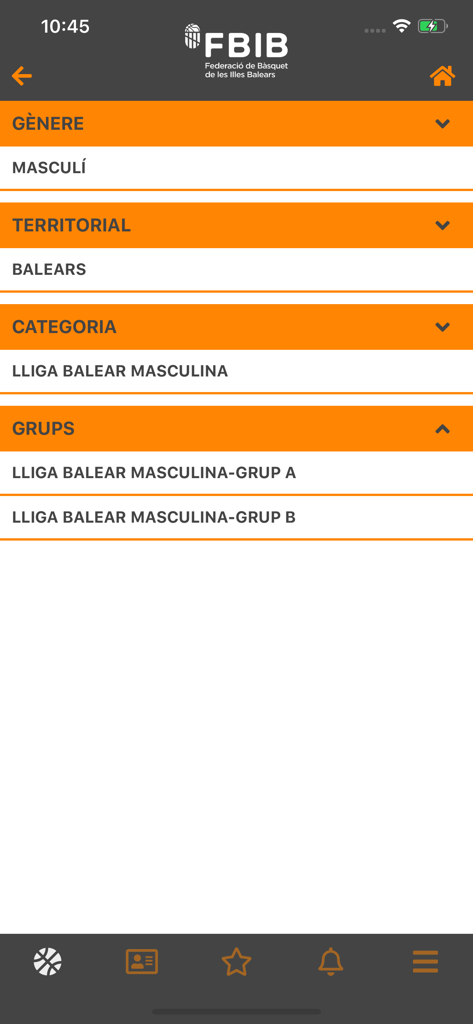 Pantalla de selección de liga y grupo en la aplicación de la federación de baloncesto FBIB
