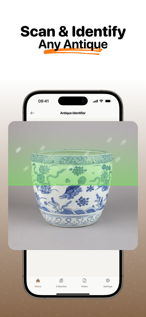Antique Identifier - Relic AI - Antique Identifier app scanning a vintage blue and white ceramic pot for appraisal