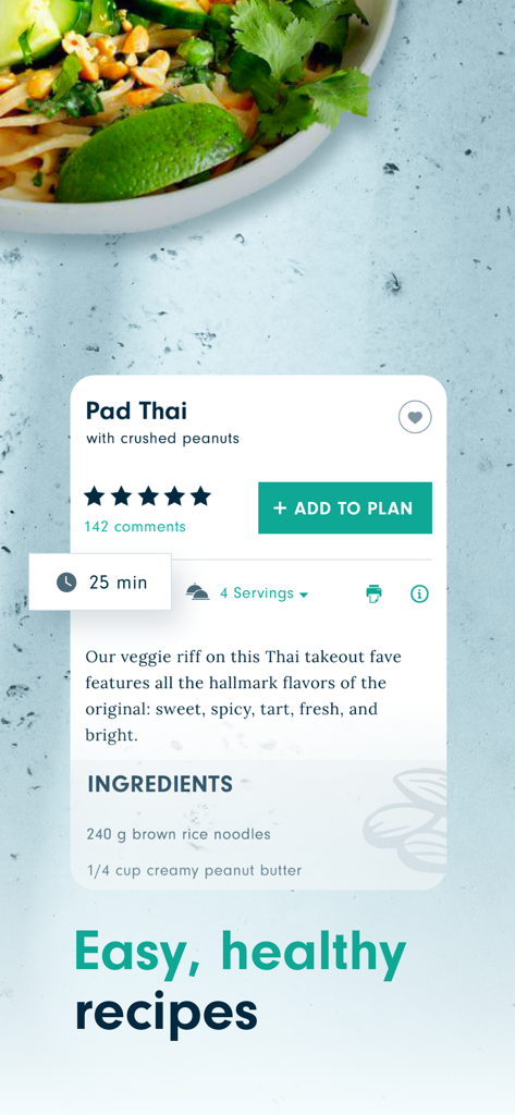 Forks Meal Planner - Forks Meal Planner app showing a healthy plant-based Pad Thai recipe with preparation time and ingredients