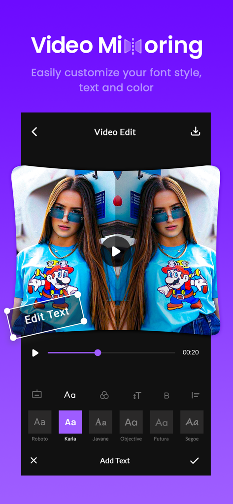 Mirror video editor - Interfaz de aplicación móvil que muestra el efecto de vídeo reflejado con opciones de estilo de fuente y edición de texto para contenido de redes sociales.