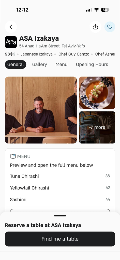 ontopo mobile app displaying restaurant menu and booking options