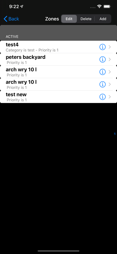 Geo Proximity Alarm - List of active geographic alarm zones in the Geo Proximity Alarm app