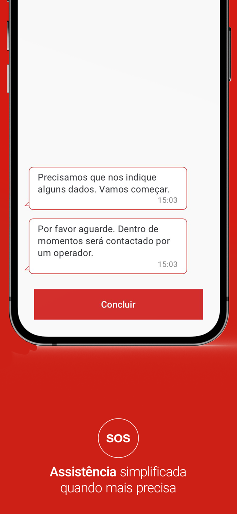 Generali Tranquilidade mobile app showing a support chat interface and an SOS emergency button for simplified assistance.