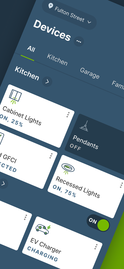 My Leviton app interface displaying smart kitchen lights and EV charger status