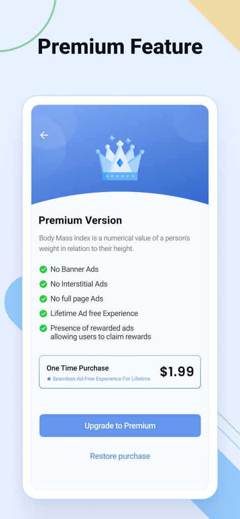 BMI Calculator- Weight Monitor - Pantalla de actualización premium de la aplicación Calculadora de IMC que enumera los beneficios sin publicidad y los precios.