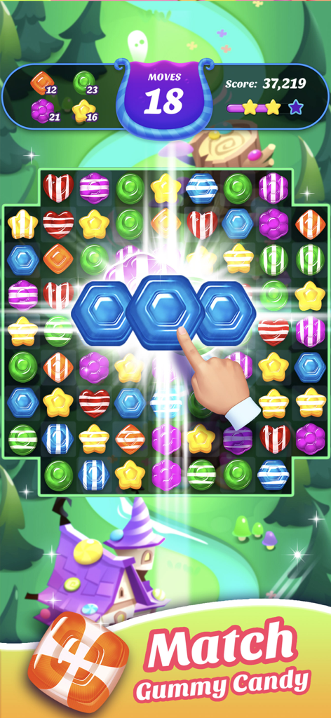 Gummy Candy Blast！Match 3 Game - Gameplay screenshot of Gummy Candy Blast showing a match three puzzle with colorful candies and a glowing blue match