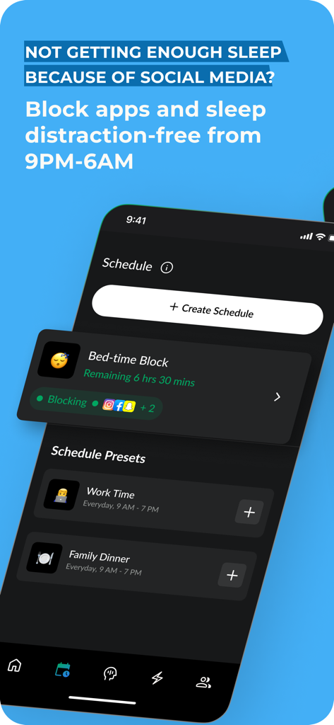 Zenze - App Time Limit - Interfaz de la aplicación Zenze que muestra un horario de bloqueo de hora de dormir para limitar el uso de redes sociales de 9 p. m. a 6 a. m. para dormir mejor.