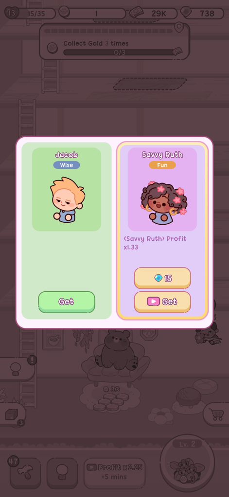 Adorable Garden - Una pantalla de selección de personajes en el juego móvil Adorable Garden con dos adorables jardineros llamados Jacob y Savvy Ruth.