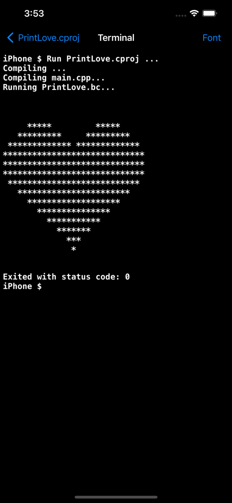 C++ Shell - C++ code compiler - Pantalla de terminal de C++ Shell mostrando la compilación y ejecución exitosa de un programa que resulta en una salida de arte de corazón ASCII