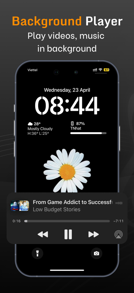 iPhone lock screen displaying the Music X background player widget for music and video playback