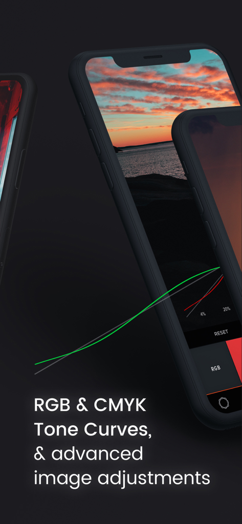 Manual Camera Pro + RAW Photo - iPhone screen displaying advanced RGB and CMYK tone curves for professional photo editing