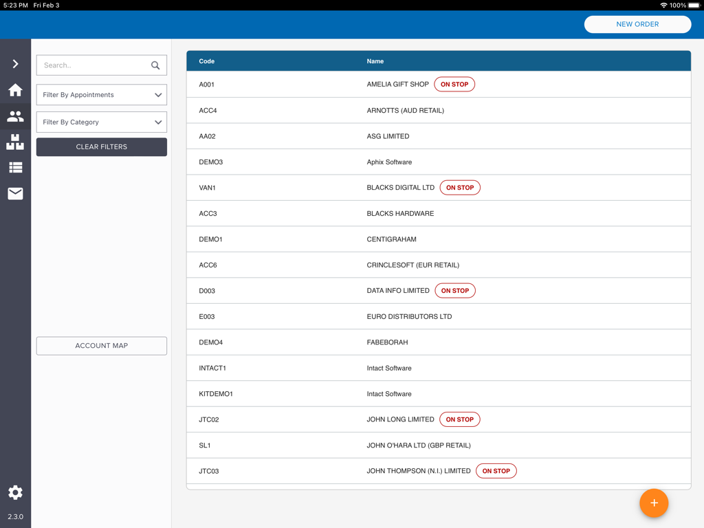 SalesRep by Aphix - SalesRep by Aphix dashboard showing customer accounts and status on an iPad.