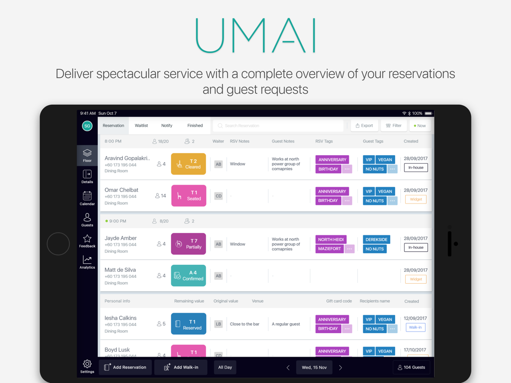 UMAI 360 iPad app reservation and guest management dashboard showing table statuses and guest tags