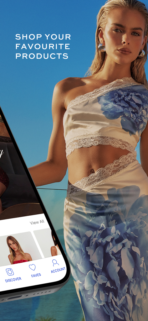 Selfie Leslie - Selfie Leslie 앱 인터페이스에서 파란색과 흰색 꽃무늬 투피스 의상을 입은 모델