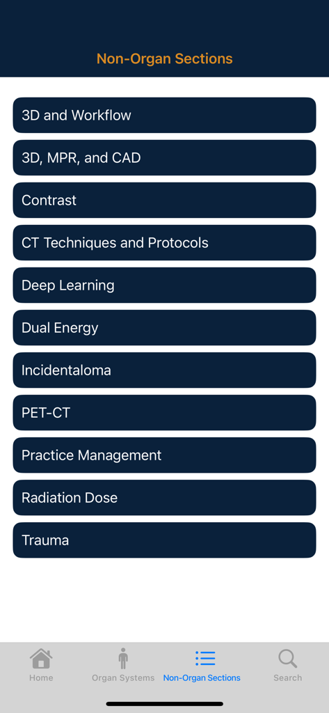 CTisus iPearls - List of non organ radiology categories including deep learning and trauma in the CTisus iPearls app