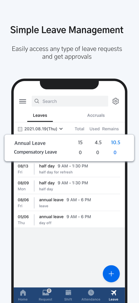 A mobile phone screen displaying the leave management feature of the Shiftee app with annual leave balances