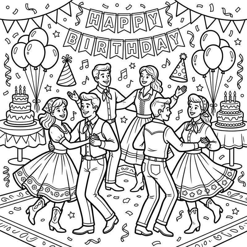 Step into a festive birthday hoedown with this lively square dance coloring page! Four couples twirl and promenade amidst balloons, cakes, and confetti, promising hours of creative fun for all ages.