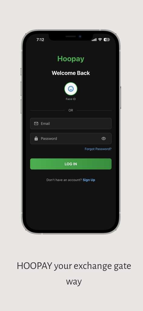 Hoopay Wallet - Hoopay Wallet login interface showing welcome back message with face ID and email login options.