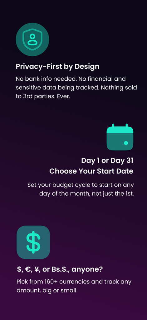 Kora Daily Expense Tracker - Kora 앱 기능(개인정보 우선 디자인, 사용자 지정 예산 시작일, 160개 이상 통화 지원)을 보여주는 그래픽입니다.