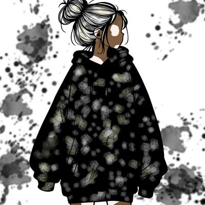 realistic girl with a oversized sweatshirt on and a bun