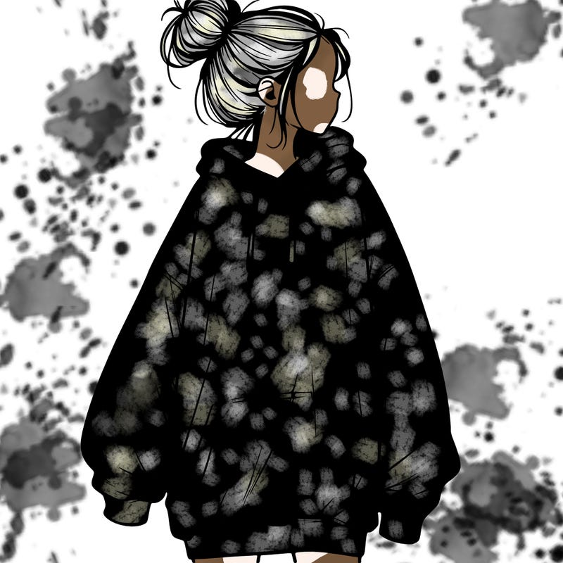 realistic girl with a oversized sweatshirt on and a bun