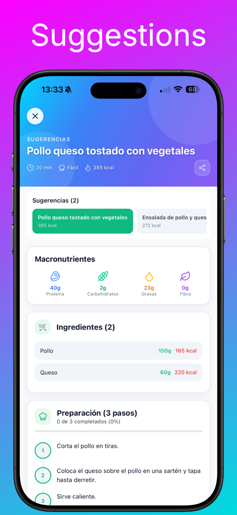 ScanCal - ScanCal mobile app interface showing a healthy chicken recipe with a detailed breakdown of calories and macronutrients