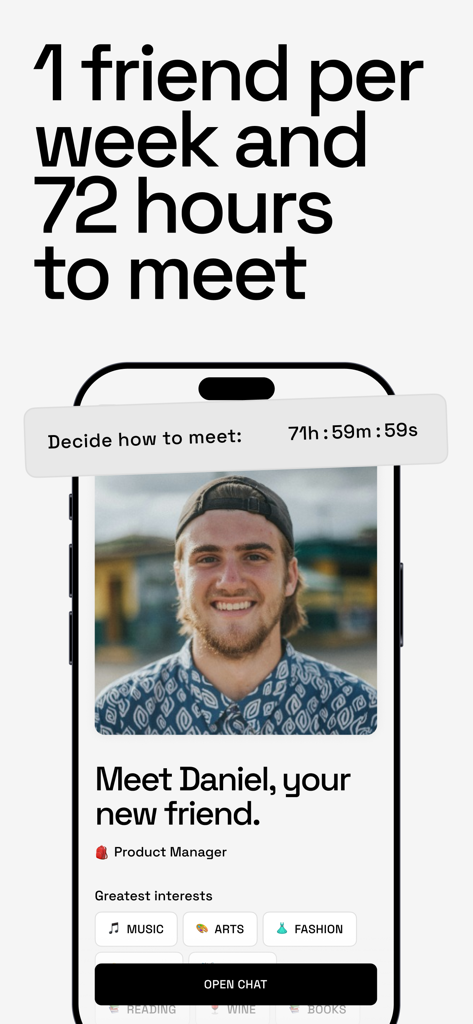 Wooh: meet new friends - Wooh app interface displaying a suggested friend profile with a countdown timer to meet in person.
