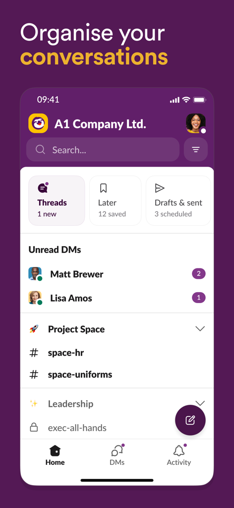 Slack for EMM - Mobile app interface of Slack for EMM showing organized threads unread direct messages and team channels