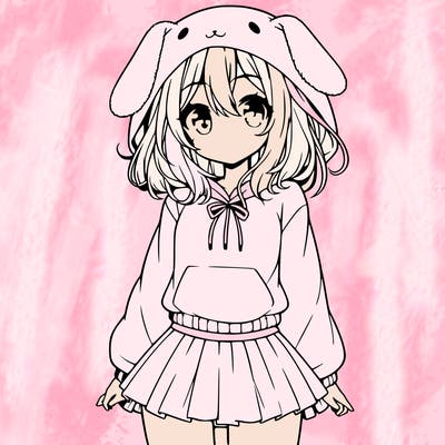 pretty anime girl wearing a fluffy hoodie with bunny ears on the hood and a skirt